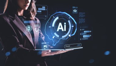 Woman holds glowing AI chip hologram with futuristic brain interface, digital icons and HUD-style graphics on dark background, concept of artificial intelligence