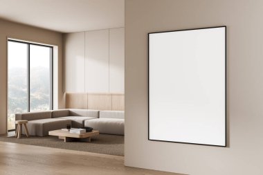 Minimalist living room interior with blank wall poster mockup, modern design style, bright neutral background, concept of home decor template, 3D Rendering