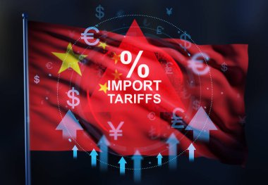 Chinese flag with digital overlay of import tariffs percentage, currency symbols, and arrows, in double exposure style on dark background. Concept of trade policy. 3D Rendering