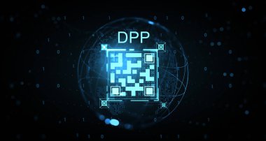 Futuristic digital product passport QR code hologram with glowing blue elements, binary code, and global tech interface on dark background. 3D Rendering