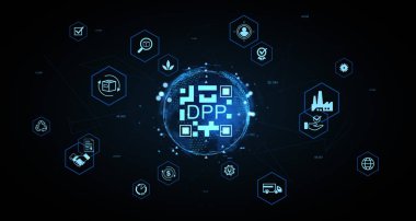 Digital product passport DPP concept with hologram globe surrounded by smart industry and supply chain icons on a futuristic background. 3D Rendering