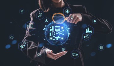 Woman holding magnifying glass over DPP hologram globe with floating technology and logistics icons in futuristic style on dark background, concept of data