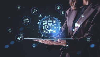 Businesswoman holds tablet projecting DPP hologram surrounded by logistics, supply chain, and sustainability icons on dark background, concept of transparency