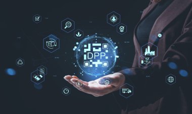Hand holding digital hologram of DPP concept with futuristic icons, glowing interface and hexagons, on dark background, symbolizing digital innovation