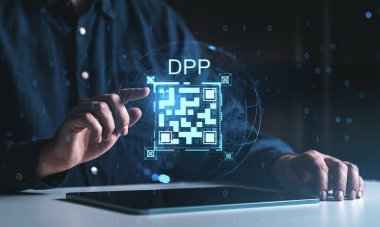 Man touching floating QR code with DPP text above tablet, digital style, dark background, concept of digital product passport verification system