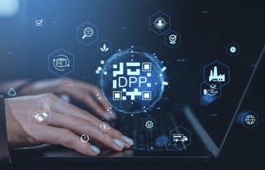 Hands on keyboard with DPP hologram and digital logistics icons in glowing blue style on dark background, concept of supply chain and product traceability