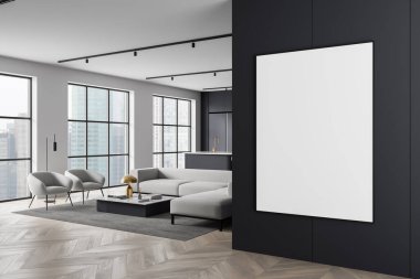 Contemporary living room with blank wall poster template, modern furniture and city view windows, light wood flooring, concept of interior design. 3D Rendering