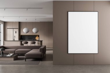 Vertical poster mockup on brown wall in modern living room interior with minimalist furniture and kitchen in background. 3D Rendering, wall design concept