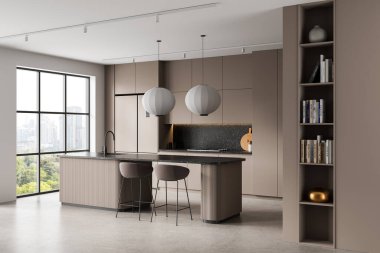 Contemporary kitchen interior with soft brown cabinetry, pendant lights, and open shelving, featuring a large city view window. 3D Rendering