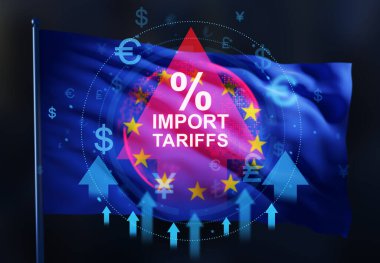 EU flag with import tariffs text and economic icons in digital double exposure style on dark background, concept of international trade barriers, 3D Rendering