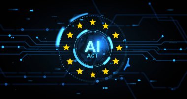 Holographic AI Act interface with digital globe and EU stars, futuristic circuit style on dark tech background. Concept of artificial intelligence regulation. 3D Rendering