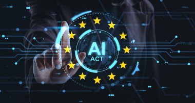 Hand interacting with holographic AI Act interface, surrounded by European stars, in digital tech style on dark virtual background, symbolizing legal concept