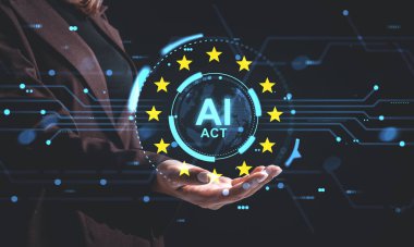Businessperson holding virtual hologram of AI Act surrounded by European stars, digital tech style on dark background, concept of European legal regulation