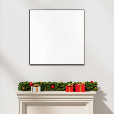 Framed square mockup poster on wall above white fireplace with Xmas tree garland and wrapped gifts, 3D Rendering, concept of New Year or Christmas decor