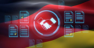 Handshake icon and digital contract documents over waving German flag background, glowing tech interface elements, concept of digital agreement. 3D Rendering