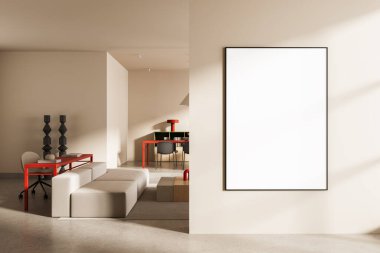 Contemporary interior design scene with empty poster template on beige wall, minimalist furniture, red accents, and soft lighting. 3D Rendering