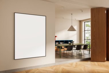 Modern interior with blank poster on wall, contemporary graphic style, bright room background, concept of design mockup and advertising display, 3D Rendering