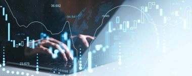 Business hands typing on a laptop with glowing financial candlestick charts, futuristic graphic style, gradient background, concept of market analysis