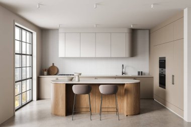 Elegant modern kitchen interior with curved wood island, beige cabinets, and minimal tiling in soft lighting. 3D Rendering on neutral background
