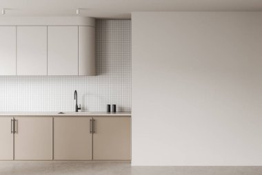 Contemporary kitchen interior with minimalist cabinetry, tiled backsplash, and blank wall space on neutral background. 3D Rendering. Concept of poster mockup