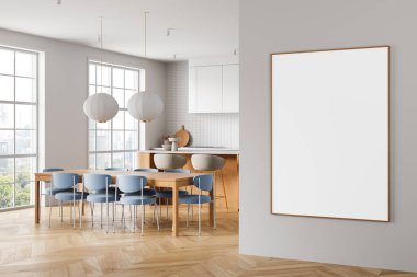 Empty poster frame on wall in stylish modern kitchen and dining room interior, minimalistic design with wood elements and soft daylight. 3D Rendering
