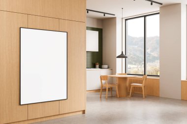 Contemporary kitchen dining area with vertical poster mockup on wooden wall, minimalist light wood furniture, large window view. 3D Rendering