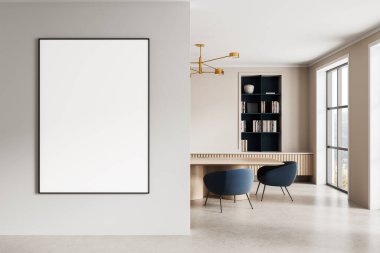 Contemporary office space with blank vertical poster mockup on wall, modern furniture and minimal decor, bookshelf and window view. 3D Rendering