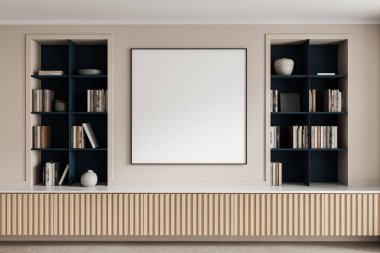Stylish modern living room with blank square poster mockup on beige wall, surrounded by built-in bookshelves and wood cabinet, 3D Rendering