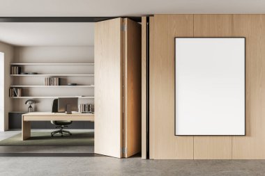 Vertical poster mockup on light wood wall next to partially open folding door, minimalist office with bookshelves and desk in background. 3D Rendering