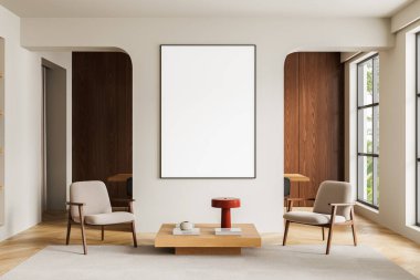 Contemporary living room with blank poster frame on wall, cozy furniture, minimal design, wooden floor, large windows. Concept of interior design. 3D Rendering