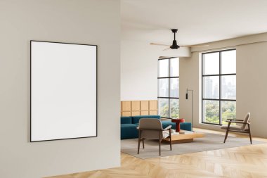 Blank poster mockup in modern interior design, minimalist graphic style, large bright room with wooden floor and city view, concept of empty template. 3D Rendering