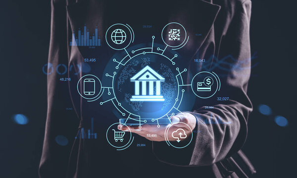 Digital banking interface with hologram icons floating above a businesspersons hand, glowing neon style on dark background, concept of financial technology