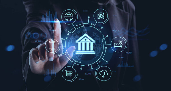 Person using finger to interact with digital hologram of banking system, modern graphic style, dark blurred background, concept of online financial services