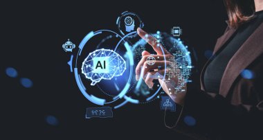 Parlak yapay zeka arayüzüne dokunan bir kadın, modern teknoloji tarzı, karanlık bir arka plan, sanal asistan ve dijital etkileşim kavramı