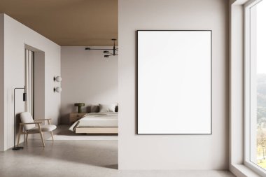Çağdaş yatak odası içi büyük boş duvar posterleri, minimalist mobilyalar, yumuşak nötr tonlar, geniş pencere manzarası. 3B Hazırlama