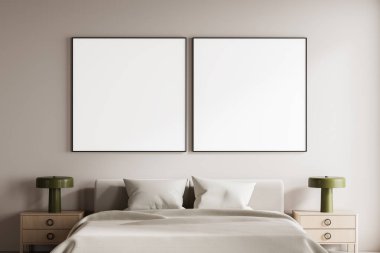 Yatağın üstündeki duvarda iki boş poster çerçevesi modern yatak odasının içinde, minimalist tarzda, nötr arkaplan, ev dekorasyonu ve tasarım konsepti, 3D canlandırma