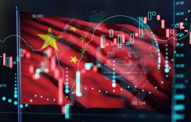 Borsa grafikleri ve dijital verilerle harmanlanmış Çin bayrağı koyu bir arka planda çifte pozlama tarzında. Ekonomi ve finansal trendler kavramı. 3B Hazırlama