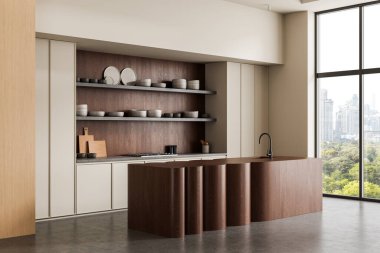 Sanatsal ahşap adayla modern mutfak, açık raflar, seramik kaplar, ve gün ışığında kentsel ufuk çizgisini gösteren geniş pencereler. 3B Hazırlama