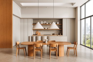 Çağdaş mutfak ve yemek odası ahşap mobilyalar ve kolye ışıkları, minimalist grafik tarzı, şehir manzarası arka planı. Modern iç mekan kavramı. 3B Hazırlama