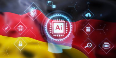 Alman bayraklı arka planı, teknoloji, yenilik ve ulusal yapay zeka geliştirme kavramını sembolize eden yapay zeka çipi ve siber güvenlik ikonlarının dijital hologramı. 3B Hazırlama