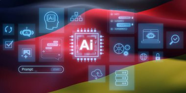 Yapay zeka simgeleri ve arayüz unsurları Alman bayrağıyla örtülmüş, çift pozlama, 3D oluşturma, ulusal teknoloji yeniliği kavramı