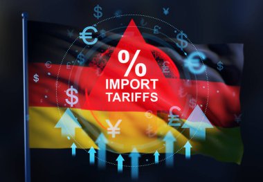 İthalat gümrük vergisi uyarısı dijital kaplamalı Alman bayrağı, döviz tabelaları ve oklar, koyu arkaplanda çift pozlama kullanılıyor. Küresel ticaret kavramı. 3B Hazırlama