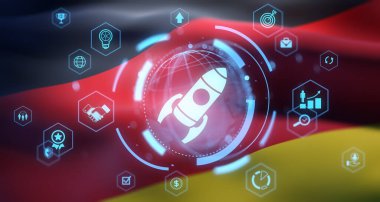 Alman bayrağı arkaplanı, girişimcilik ve büyüme konsepti üzerinde iş yenilik simgelerine sahip roket başlangıç simgesi, 3D Renderleme