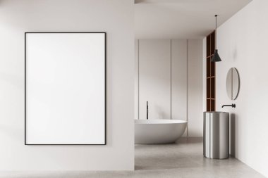 Modern banyo içinde beyaz duvara asılmış boş bir poster. Minimalist dekor, yuvarlak ayna, bölünme arka planı, kopyalanma alanı şablonu. 3B Hazırlama