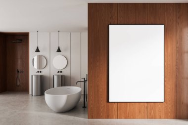 Çağdaş banyo içi boş posterle ahşap duvar bölmesi, yuvarlak aynalar, modern küvet ve metal lavabo, gerçekçi 3D görüntüleme.