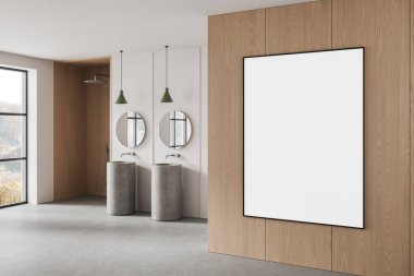 Modern banyo içlerindeki ahşap duvar bölümündeki boş posterler. Beton lavabolar, aynalar ve kolye lambaları. 3B Hazırlama