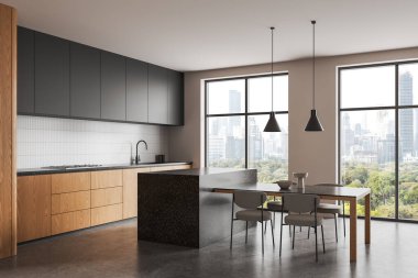 Ahşap dolapları ve mat yüzeyleri olan şık bir mutfak, minimalist 3D renderleme tarzı, şehrin ufuk çizgisi arka planı, modern kentsel yaşam kavramı