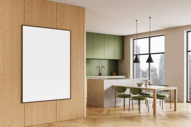 Minimalist mutfak iç mimarisinde ahşap duvar bölmesinde yeşil dolaplar ve şehir manzarası arka planlı boş bir poster var. 3B Hazırlama
