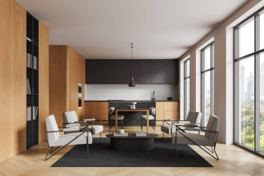 Çağdaş açık mutfak ve iç mekan ahşap paneller, parlak mobilyalar ve şehir manzarasına bakan geniş pencerelerle dolu. 3B Hazırlama