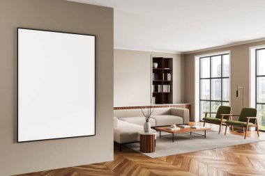 Çağdaş oturma odası içi, bej duvarında boş dikey poster, şık mobilyalar, büyük pencereler ve ahşap zemin. 3B Hazırlama